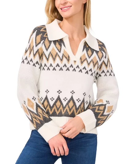  Женский свитер Fair Isle с воротником-стойкой antique white