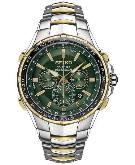 Мужские часы Seiko с хронографом Solar Coutura Radio Sync с двухцветным браслетом из нержавеющей стали, 45 мм