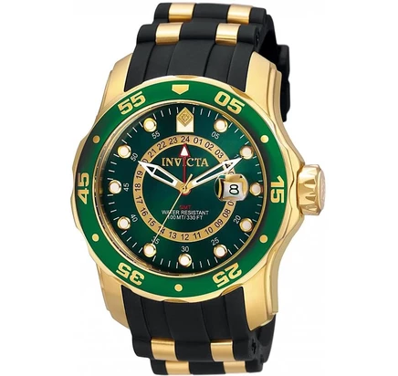 Мужские кварцевые часы Invicta 6994 Pro Diver GMT GOLD с зеленым циферблатом, черные
