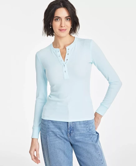  Женский топ Henley с длинными рукавами в рубчик, созданный для Macy's blue chiffon