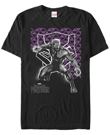 Мужская футболка Marvel Black Panther с фиолетовыми геометрическими фигурами и черной пантерой с коротким рукавом черного цвета