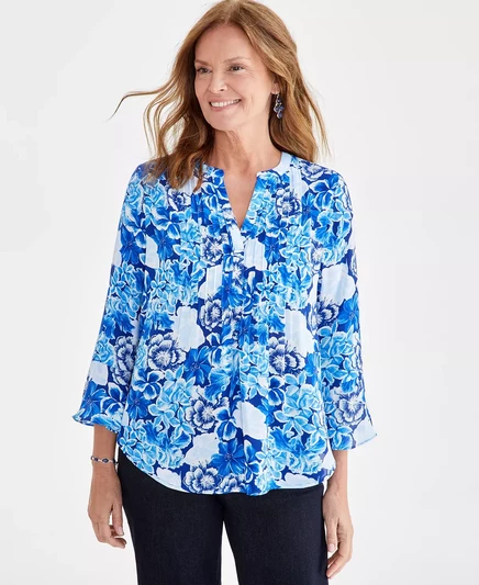  Женский топ с оборками на рукавах и защипах с принтом, созданный для Macy's blue floral