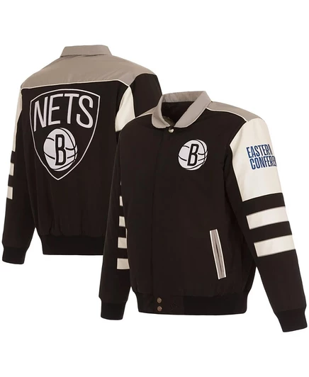 Мужская нейлоновая куртка JH Design Black Brooklyn Nets в полоску с цветными блоками, реверсивная куртка на молнии черного цвета