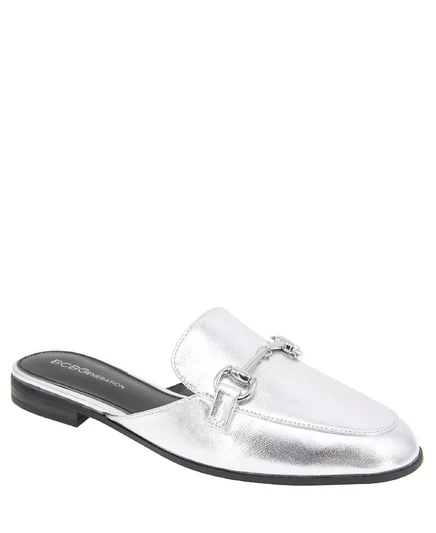 Женские шлепанцы-мокасины Zorie от BCBGeneration серебристого цвета dark silver metallic