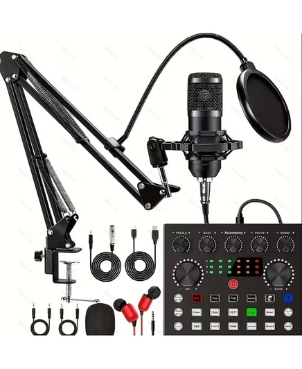 Аудиоинтерфейс ZealSound Podcast Equipment Bundle с универсальной звуковой картой Профессиональный конденсаторный микрофон для записи прямых трансляций черный