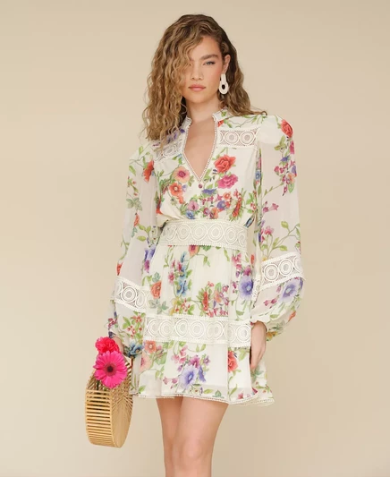  Женское шифоновое платье с кружевной отделкой и цветочным принтом white zinnia floral