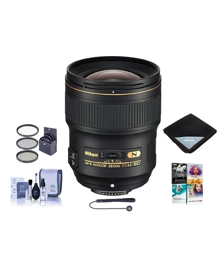 Объектив Nikon 28mm f/1.4E AF-S NIKKOR, Комплект с комплектом фильтров ProOptic 77mm, набор для чистки, Обертка для объектива, Фиксатор крышки объектива, Комплект программного обеспечения для ПК черный