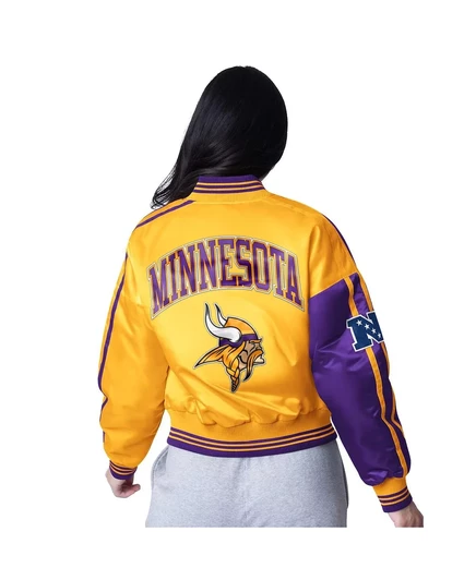 Укороченный атласный жакет на молнии Minnesota Vikings Zone Blitz для начинающих женщин фиолетового/золотого цвета purple, gold