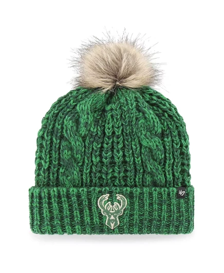 Женская вязаная шапка Hunter Green Milwaukee Bucks Meeko с манжетами и помпоном hunter green