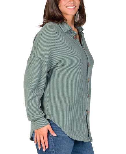 24seven Comfort Apparel Женская рубашка-жакет в рубчик на пуговицах с длинным рукавом и воротником-стойкой green