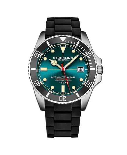 Мужские швейцарские кварцевые часы для дайверов Stuhrling Depthmaster Heritage 4087, черный циферблат диаметром 44 мм с красными вставками зеленого цвета