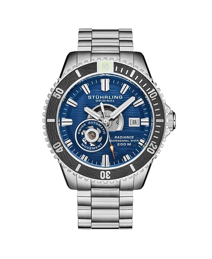 Мужские часы с автоподзаводом Stuhrling 1013 Швейцарский механизм Синий циферблат Черный безель Корпус и браслет из нержавеющей стали Водонепроницаемость для дайверов 200 метров Окошко даты