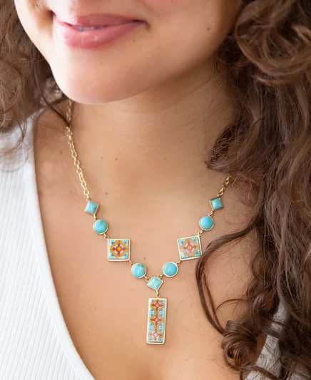 Плитка Barse Talavera и золотое Y-образное ожерелье из голубой бирюзы genuine turquoise