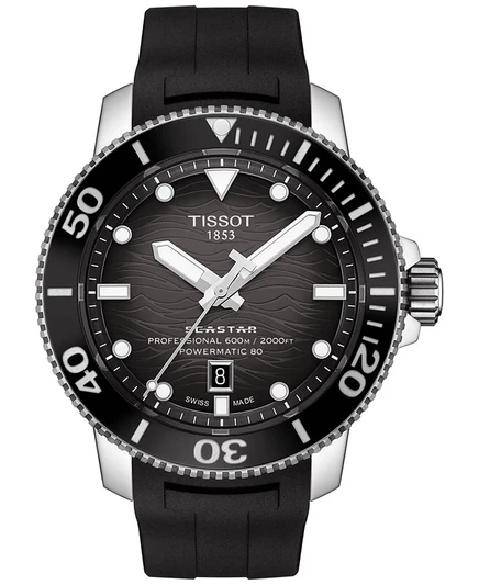 Мужские швейцарские автоматические часы Tissot Seastar с черным каучуковым ремешком 46 мм без цвета