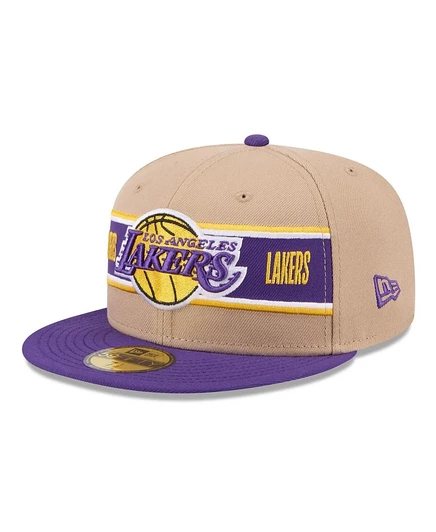 Мужская кепка New Era 59FIFTY Lakers 2024, бежево‑фиолетовая