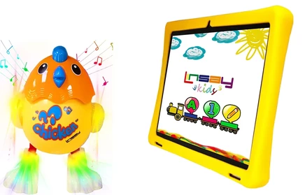 LINSAY Новый 10,1-дюймовый планшет Funny Kids Wi-Fi Tablet емкостью 64 ГБ с новейшей версией Android 13 в комплекте с желтым чехлом Kids Defender и умной игрушкой-цыпленком yellow
