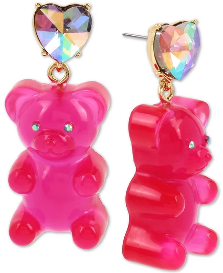 Серьги-капли Betsey Johnson с золотым хрустальным сердечком и мармеладным мишкой