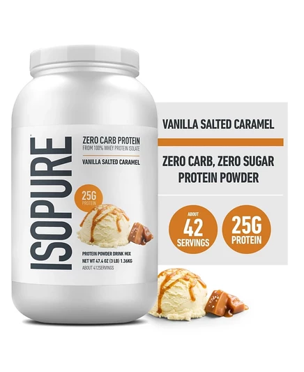 Isopure с нулевым содержанием углеводов, витамином С и цинком для поддержания иммунитета, 25 г белка, подходит для кето-диеты, Изолят сывороточного протеина, Ванильная соленая карамель, 3 фунта без красителя