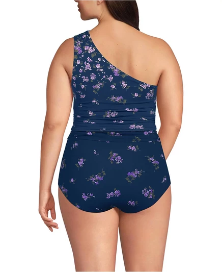 Топ-мидкини с рюшами на одном плече от Lands' End Plus размера плюс navy bouquet cascade floral