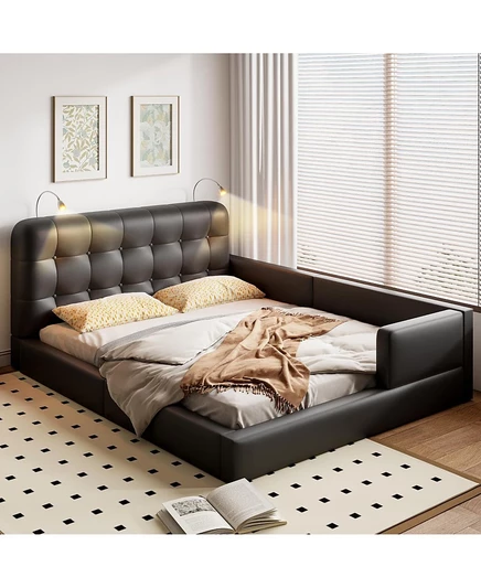 Мебель Streamdale Furniture Двуспальная кровать на платформе с мягкой обивкой и 2 лампами для чтения черного цвета