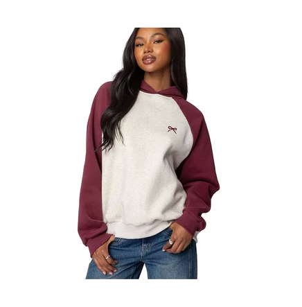  Женская толстовка с капюшоном Реглан-бант Оверсайз burgundy-and-gray-melange