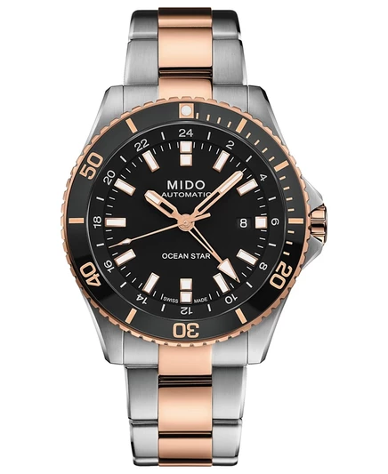 Мужские швейцарские автоматические часы Ocean Star GMT Mido с двухцветным браслетом из нержавеющей стали 44 мм