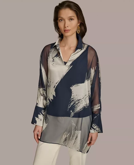 Женская туника с металлическим принтом Donna Karan New York для женщин nightfall/ivory