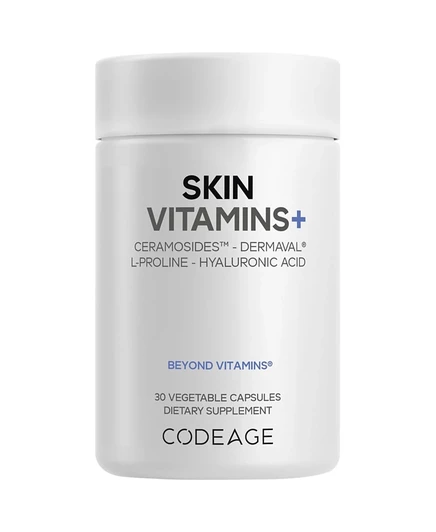 Codeage Skin Vitamins+ Добавка - Дермавал, гиалуроновая кислота, Кофейная ягода, витамин С - для придания коже эластичности, разглаживания морщин и увлажнения, 30 капсул белого цвета