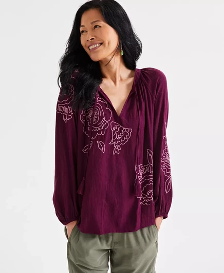  Женский топ в крестьянском стиле с вышивкой Popover, созданный для Macy's berried treasure