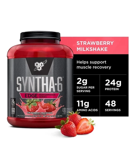 Протеиновый порошок BSN SYNTHA-6 EDGE, гидролизованная сыворотка, мицеллярный казеин, Изолят молочного белка, с низким содержанием сахара, 24 г протеина, Клубничный молочный коктейль, 48 порций без красителя.