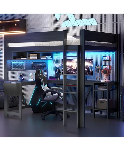 Полноразмерная черная игровая кровать-чердак Streamdale Furniture с письменным столом, светодиодной подсветкой и зарядной станцией черного цвета