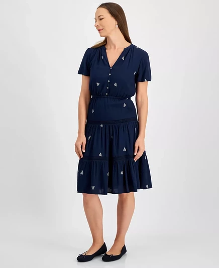 Миниатюрное платье А-силуэта с V-образным вырезом и кружевной отделкой Style & Co, эксклюзивно в Macys tulip emb blue