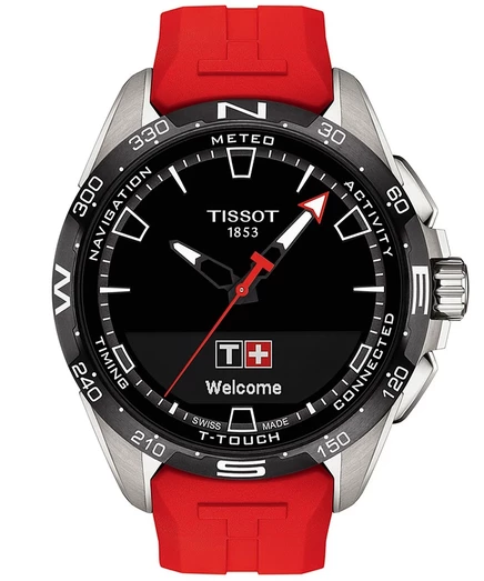 Мужские швейцарские смарт-часы Tissot T-Touch Connect Solar с красным каучуковым ремешком, 48 мм