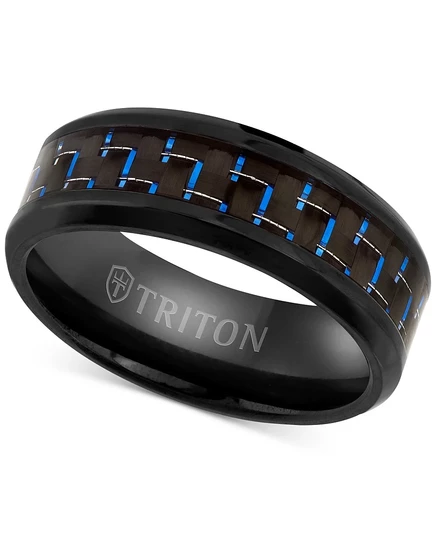 Мужской браслет Triton с синей вставкой из углеродного волокна Comfort Fit из черного титанового сплава.