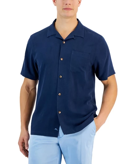 Мужская рубашка с коротким рукавом Tommy Bahama Al Fresco Tropics из шелкового жаккарда, синяя