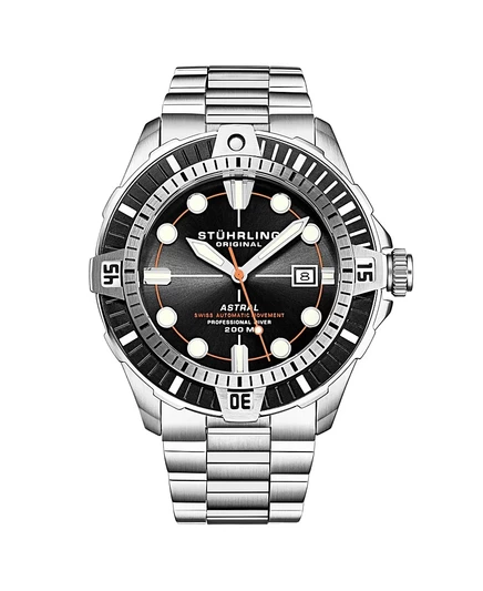 Мужские швейцарские часы с автоподзаводом Stuhrling Astral Diver 44 мм, Черный циферблат, Браслет из нержавеющей стали, Вращающийся безель, Водонепроницаемость 200 м silver