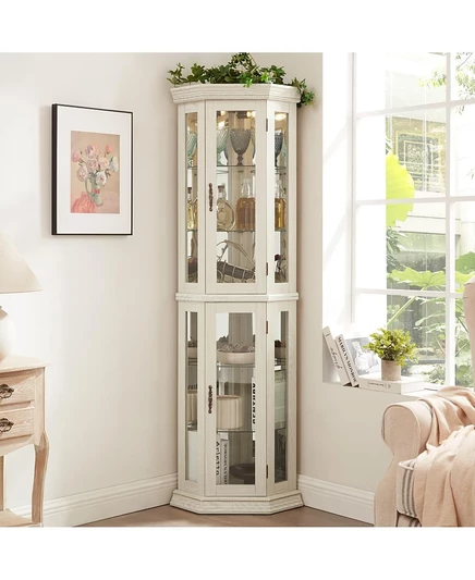 Угловой антикварный шкаф Streamdale Furniture с подсветкой - Стеклянная витрина, регулируемые полки - БЕЛЫЙ