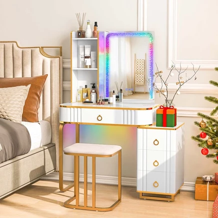Туалетный столик с RGB светодиодной подсветкой Crystal Crush Diamond Зеркальные выдвижные ящики белого цвета