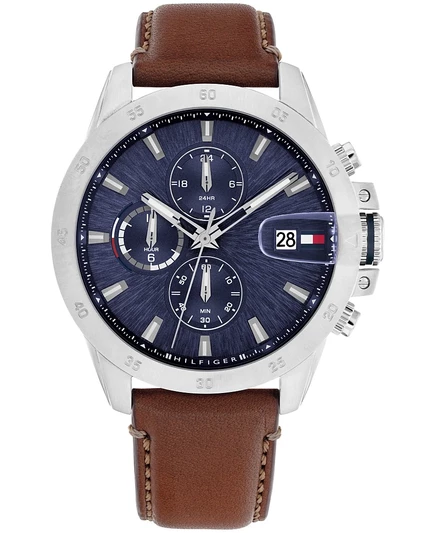 Мужские многофункциональные часы Tommy Hilfiger на коричневом кожаном ремешке, 43 мм