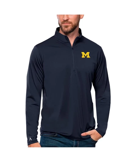 Мужской темно-синий топ Michigan Wolverines Tribute от Antigua с застежкой на четверть молнии navy