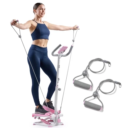 Sunny Health & Fitness Pink Smart Stair Exercise Stepper с рулем и эспандером, бесплатное приложение SunnyFit через Bluetooth