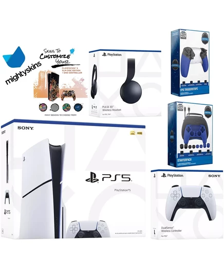  Комплект Playstation 5 Slim Disc с гарнитурой Black Pulse, дополнительным контроллером Chroma Pearl, набором Pro Gamer, набором триггеров и ваучером на наклейку MightySkins. starlight blue