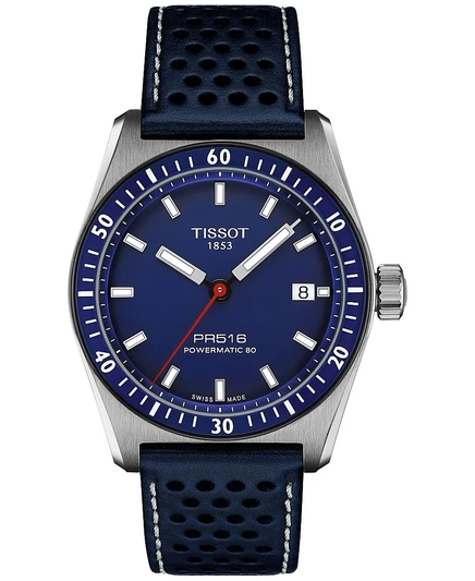 Мужские часы Tissot Swiss Automatic PR516 Powermatic 80 с перфорированным кожаным ремешком синего цвета, 38 мм, без цвета