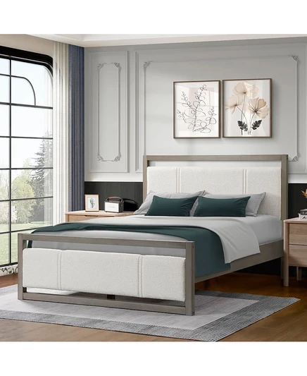 Двуспальная кровать Streamdale Furniture с деревянным каркасом в изголовье из ткани букле