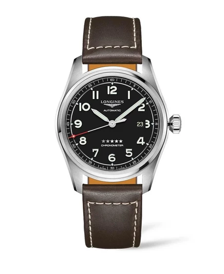 Мужские часы Longines с автоматическим хронометром Spirit из нержавеющей стали на коричневом кожаном ремешке 42 мм коричневого цвета