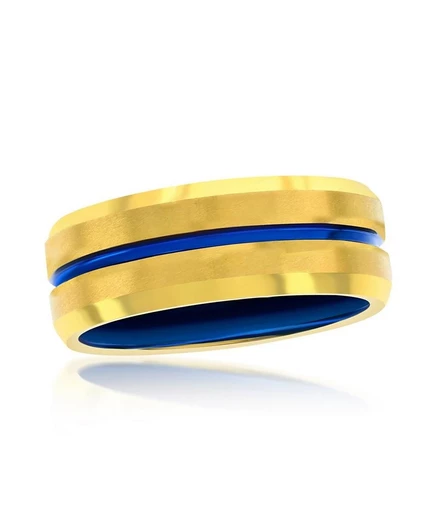 Кольцо Metallo Gold & Blue Stripe, вольфрамовое, золотистое