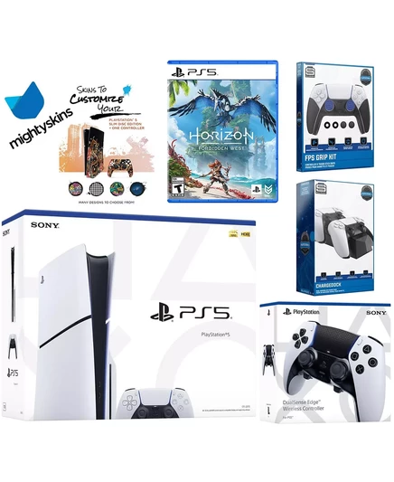  Комплект Playstation 5 Slim Disc с Horizon Forbidden West, дополнительным контроллером EDGE, комплектом FPS Grip, док-станцией для двойной зарядки и ваучером на наклейку MightySkins white
