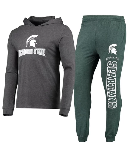 Мужская футболка Concepts Sport с капюшоном и длинными рукавами Michigan State Spartans зеленого цвета в полоску цвета древесного угля и брюки для бега трусцой green, heathered charcoal