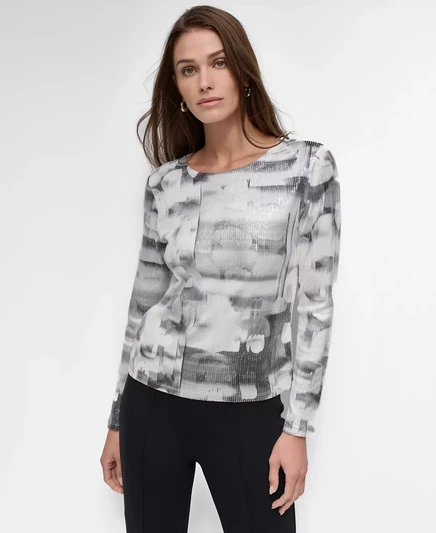  Женский вязаный топ  DKNY с длинными рукавами и блестками с принтом blur light
