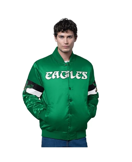 Мужская куртка Starter's Kelly Green Philadelphia Eagles Triple с атласным винтажным логотипом университета Филадельфии на полной застежке